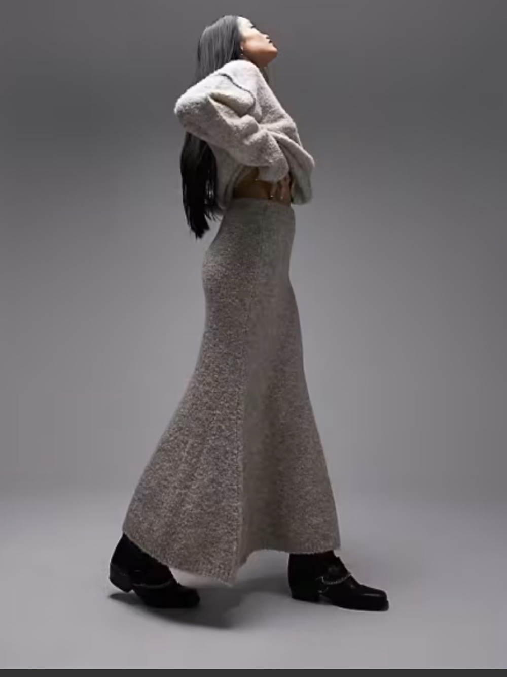 Topshop Beige Oatmeal Bouclé Fuzzy Textured Knit Cozy Maxi Skirt - Size L / 12